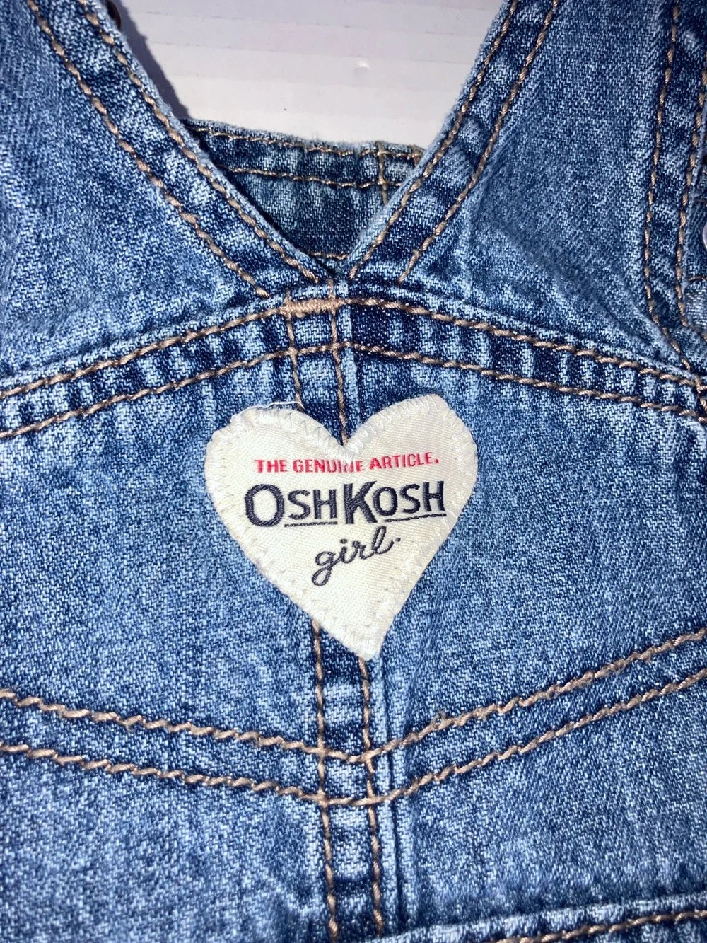 OshKosh Girl Blue Denim Ruffle Overall Jumper Dress Heart Pocket 18 mo‎ Adjust